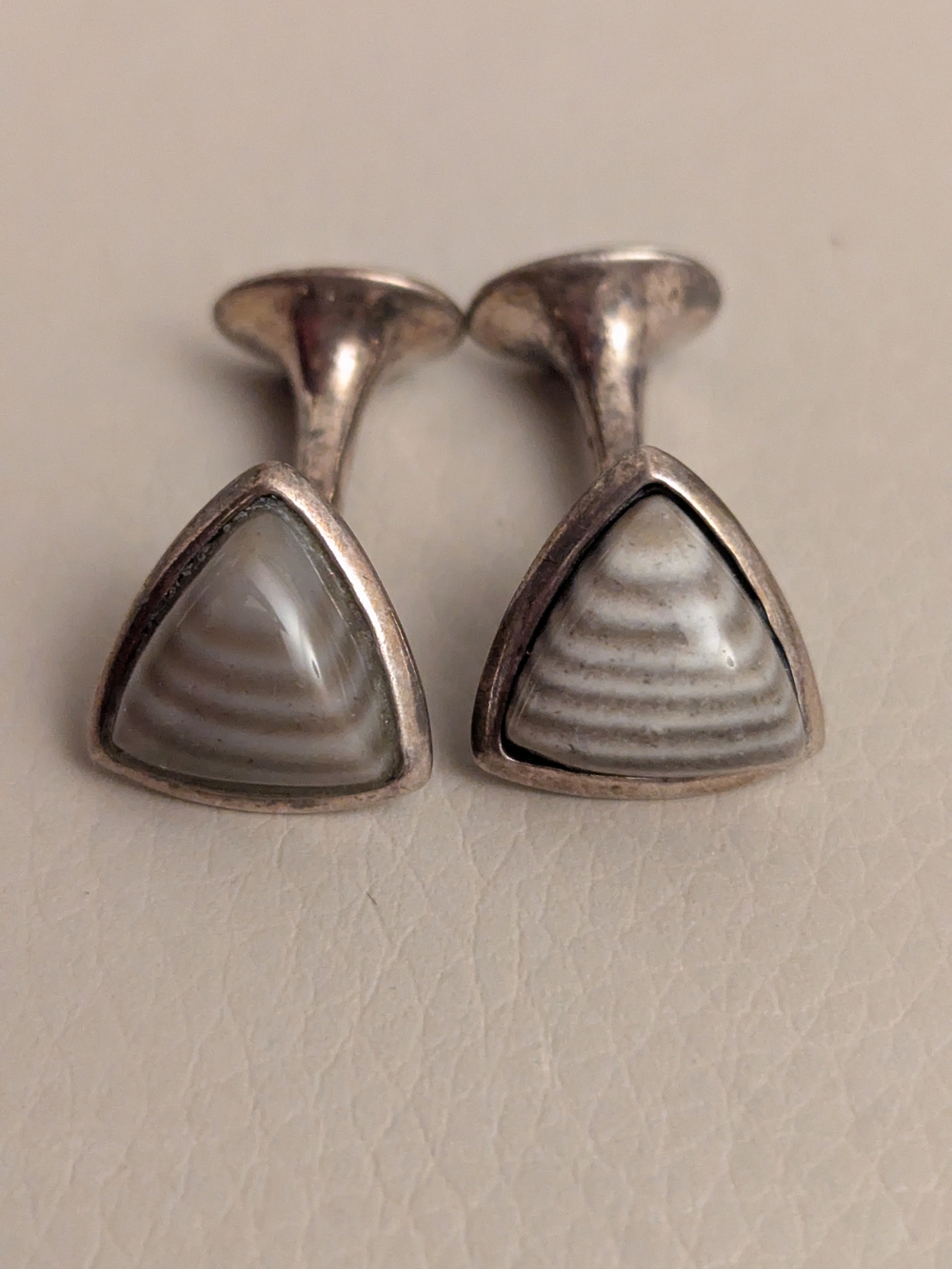 Vintage Mid Century 925 Silver Modernist Triangle Agate Cufflinks